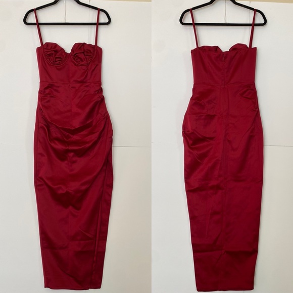 House of CB “Flora” Pleated Satin Midi Wine Dress NWOT size Small - Picture 5 of 10